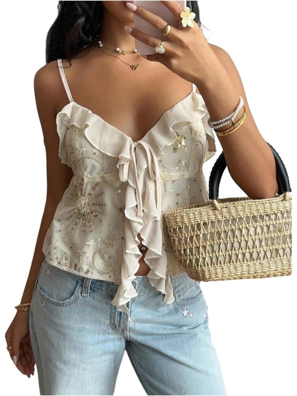 Women's Y2k Sparkly Sequin Tops Going Out Tie Front Ruffle Tops Cute Summer Cami - Picture 4 of 5